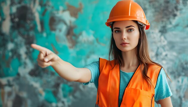 Woman in safety gear pointing outward.