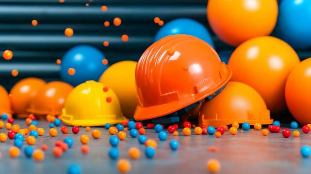 Vibrant Construction Helmets and Colorful Spheres