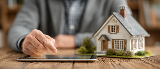 A realtor uses tablet to manage real estate listings and housing options while showcasing property model with care and expertise