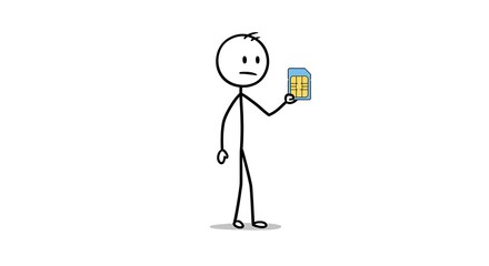 Stick Figure Contemplates a SIM Card on a White Background