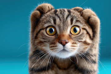 Cat displays surprised expression with paws on head against vibrant blue backdrop, emphasizing its shock. Concept of pet emotion in animal care, veterinary practices, and marketing