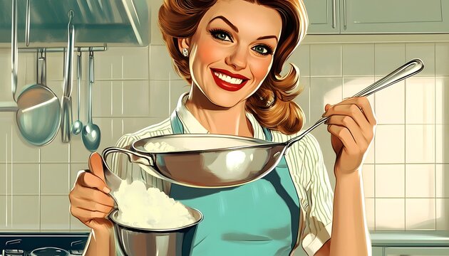Happy homemaker measures flour in a vintage kitchen.