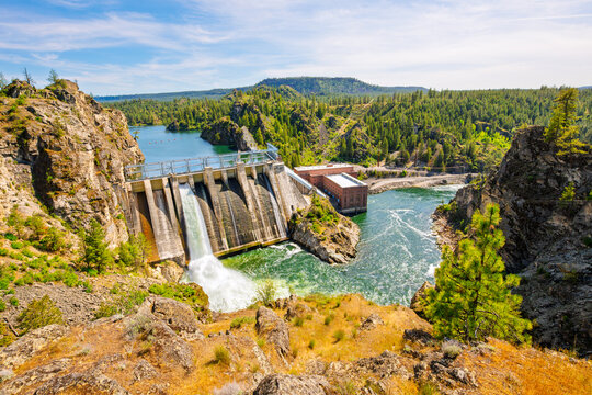 View of the Spokane River and reservoir from the scenic Long Lake Dam Overlook on Lake Spokane in Ford, Stevens County, Washington State, at Spring.
