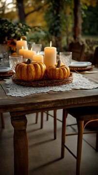 Cozy autumn centerpiece with pumpkins, candles, and delicate glassware on a rustic wooden table, creating a warm and inviting fall atmosphere.