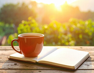 Warm cup of tea rests on open notebook, bathed in soft golden glow of afternoon sun. This serene scene invites relaxation and reflection in cozy outdoor setting