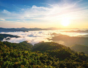 Breathtaking mountain landscape at sunrise, showcasing sea of clouds enveloping lush greenery, evoking sense of freedom and tranquility in nature embrace
