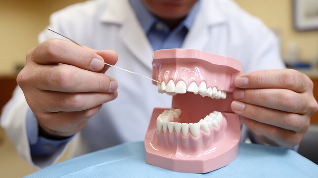 Dentist demonstrating proper flossing technique using a dental model professional educational setup clean background