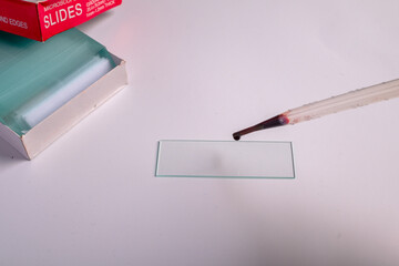 Blood sample dropped on glass slide for microscopic analysis