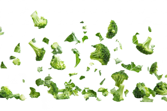 Floating broccoli florets and pieces isolated on transparent background