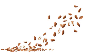 Obraz premium A collection of almonds falling and scattered on a transparent background