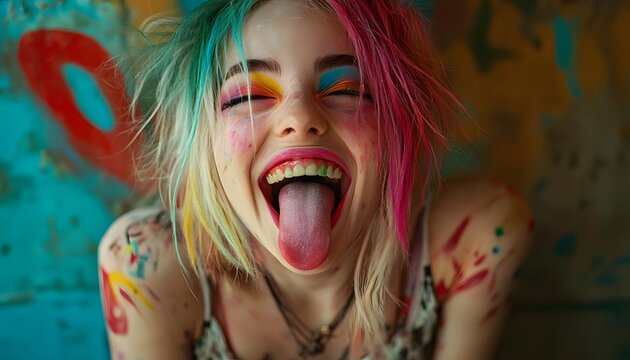 Close-up of a woman with vibrant colorful makeup and hair.