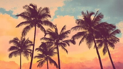 Retro-inspired tropical art with silhouettes of palm trees at sunset  with Tropical Festival Vibes, Laid-Back Summer Aesthetic