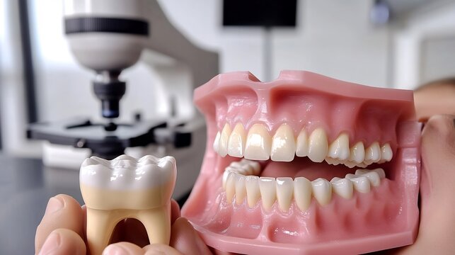 Dentist explaining dental bonding to a teenage patient holding a model of teeth in a modern clinic with a digital microscope in the background emphasizing precision and care