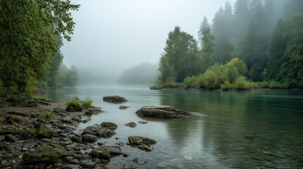 Serene River Scene Misty Morning on a Tranquil Stream
