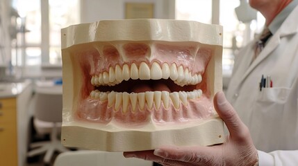 Dentist holding a large oversized model of a smokers mouth with damaged gums educational demonstration clinic background