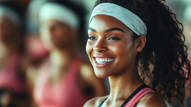 Smiling woman in sportswear enjoying energetic zumba dance and fitness class with focus on joyful expression and group energy