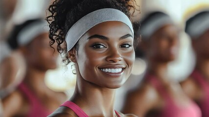 Smiling woman in pink top leading energetic zumba session in bright fitness class setting, emphasizing joy and movement