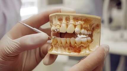 Dentist holding a model of teeth pointing to areas affected by smoking related decay in a modern clinic setting emphasizing oral health risks