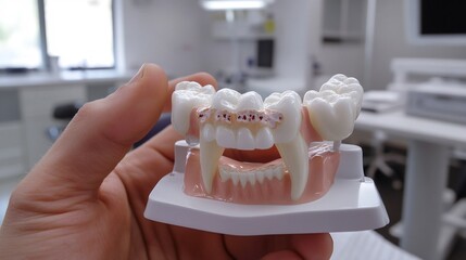 Dentist holding a model of teeth pointing to areas affected by smoking related decay in a modern clinic setting emphasizing oral health risks