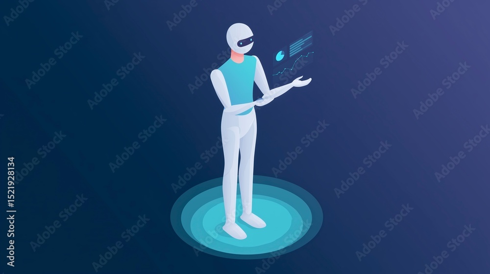 Poster futuristic humanoid robot with a sleek design, displaying digital data and analytics in a virtual en