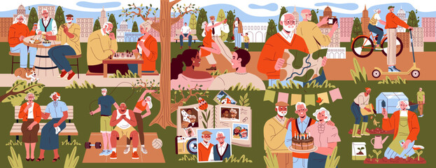 Seniors Enjoying Outdoor Activities Vector Illustration