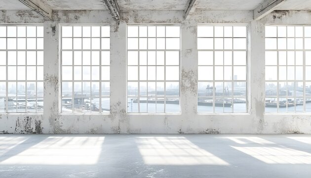 Spacious, industrial-style room with large windows overlooking a harbor.