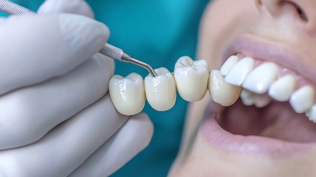 Dentist placing a dental bridge on a patient's teeth restoring their smile and function
