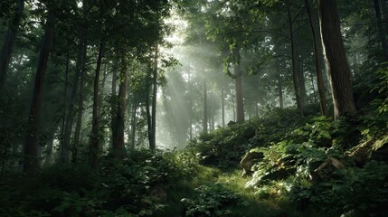 Obraz premium Enchanted 8K Deep Forest Sunbeams Through Morning Mist