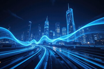 Futuristic cityscape with glowing blue light beams, digital data lines, and skyscrapers under cinematic night lighting, showcasing advanced technology and urban innovation