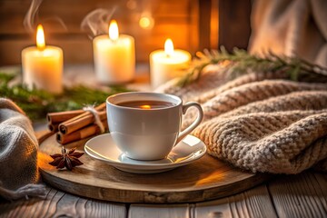 Fototapeta premium Cozy winter evening with warm tea on wooden tray surrounded by lit candles sweater and cinnamon sticks evoking warmth and relaxation