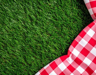 Green grass red checked picnic cloth blanket top view background.Food advertisement design backdrop.