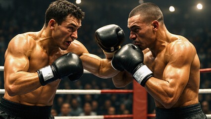 Two muscular male boxers wearing boxing gloves are fighting in a boxing ring during a championship match, exchanging punches and demonstrating their strength and skill