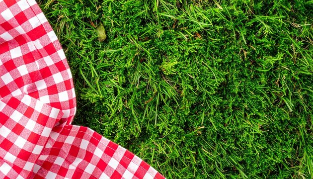 Green grass red checked picnic cloth blanket top view background.Food advertisement design backdrop