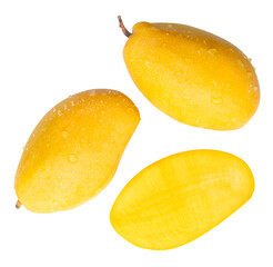 Top view set of two ripe yellow mangoes with half and water droplets isolated with clipping path in png file format