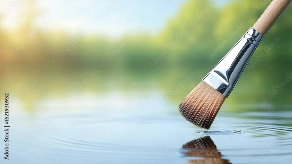 Poster brush of creation: a paintbrush gently dips into the pristine waters, symbolizing artistry, creativi