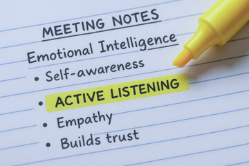 Fototapeta premium Emotional intelligence support is highlighted meeting notes emphasizing active listening and empathy to build trust and improve communication