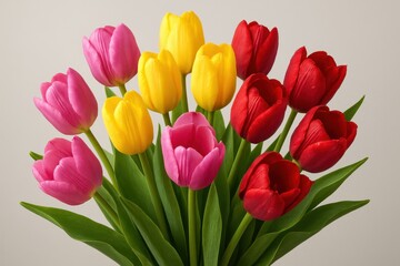 Fototapeta premium Elegant bouquet of fresh, dewy pink, yellow, and red tulip flowers with green stems and leaves, beautifully arranged and isolated on a soft, light grey background.