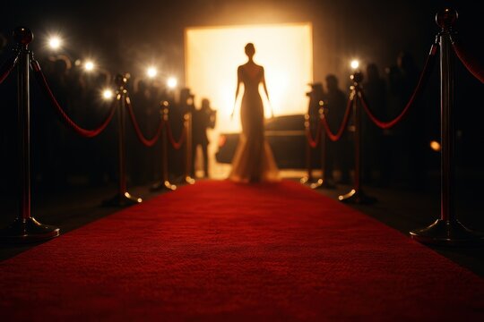 Exclusive red carpet event entrance with a luxurious velvet rope, flashing paparazzi cameras, and a glimpse of a glamorous celebrity arriving at a prestigious film festival premiere.