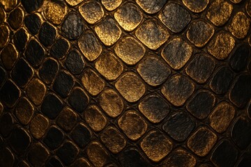 Luxurious close-up texture of shimmering golden python snake skin scales, creating an exotic and opulent abstract background pattern.