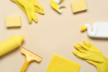 Naklejka na ściany i meble Frame made of products and supplies for cleaning on color background