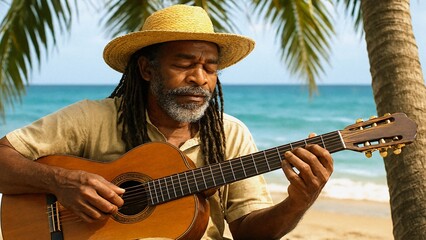 Senior musician with dreadlocks and straw hat playing acoustic guitar on a beautiful tropical beach with palm trees and turquoise sea in the background