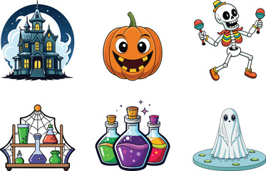 Colorful Halloween Elements Vector Illustration with Dog Pumpkins Ghosts and Bats