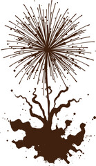 Obraz premium A dynamic graphic design featuring a stylized Chocolate dandelion, depicted as if exploding, with radiating lines of dark ink or paint, and an intense splatter of the same color at the base.