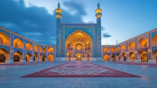 Majestic Shah Mosque of Isfahan Illuminated at Dusk, Iran's Architectural Marvel
