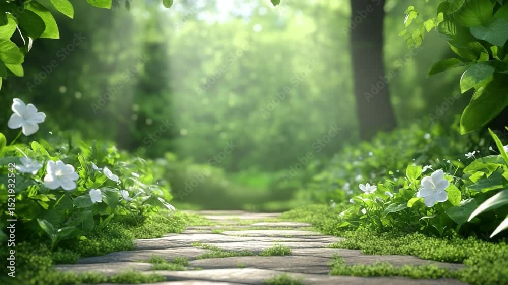 Poster path to tranquility: a sun-dappled pathway winds through a lush, vibrant forest, inviting exploratio