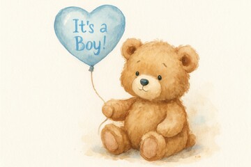 Adorable watercolor illustration of a fluffy teddy bear holding a single blue heart-shaped balloon with "It's a Boy!" text perfect for a baby shower invitation or nursery room decor frame.