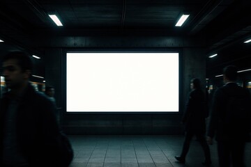 Blank illuminated white digital advertising billboard mockup glowing brightly in a modern underground train station or subway platform during the evening rush hour providing ample copy space.