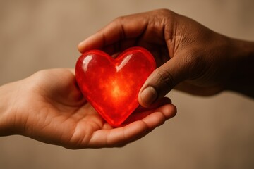 Obraz premium Close-up of two diverse hands gently cupping a glowing translucent red heart symbolizing compassion shared humanity and the act of giving love and support.