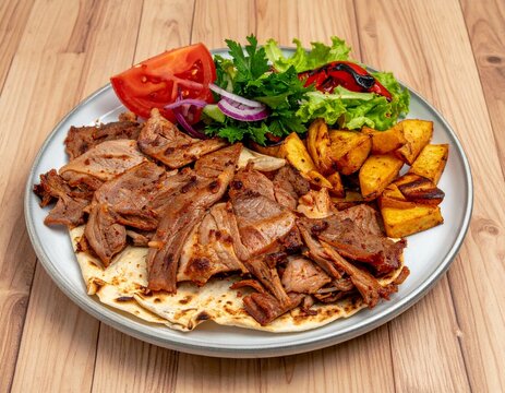 Meat doner menu, iskender menu on plate, turkish special meat doner, food, special menu