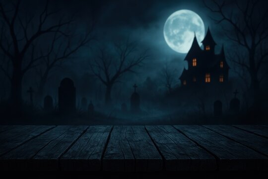 Eerie and atmospheric Halloween background featuring empty weathered wooden planks or a tabletop in the foreground with a spooky dark forest or haunted house silhouetted against a moonlit night sky.